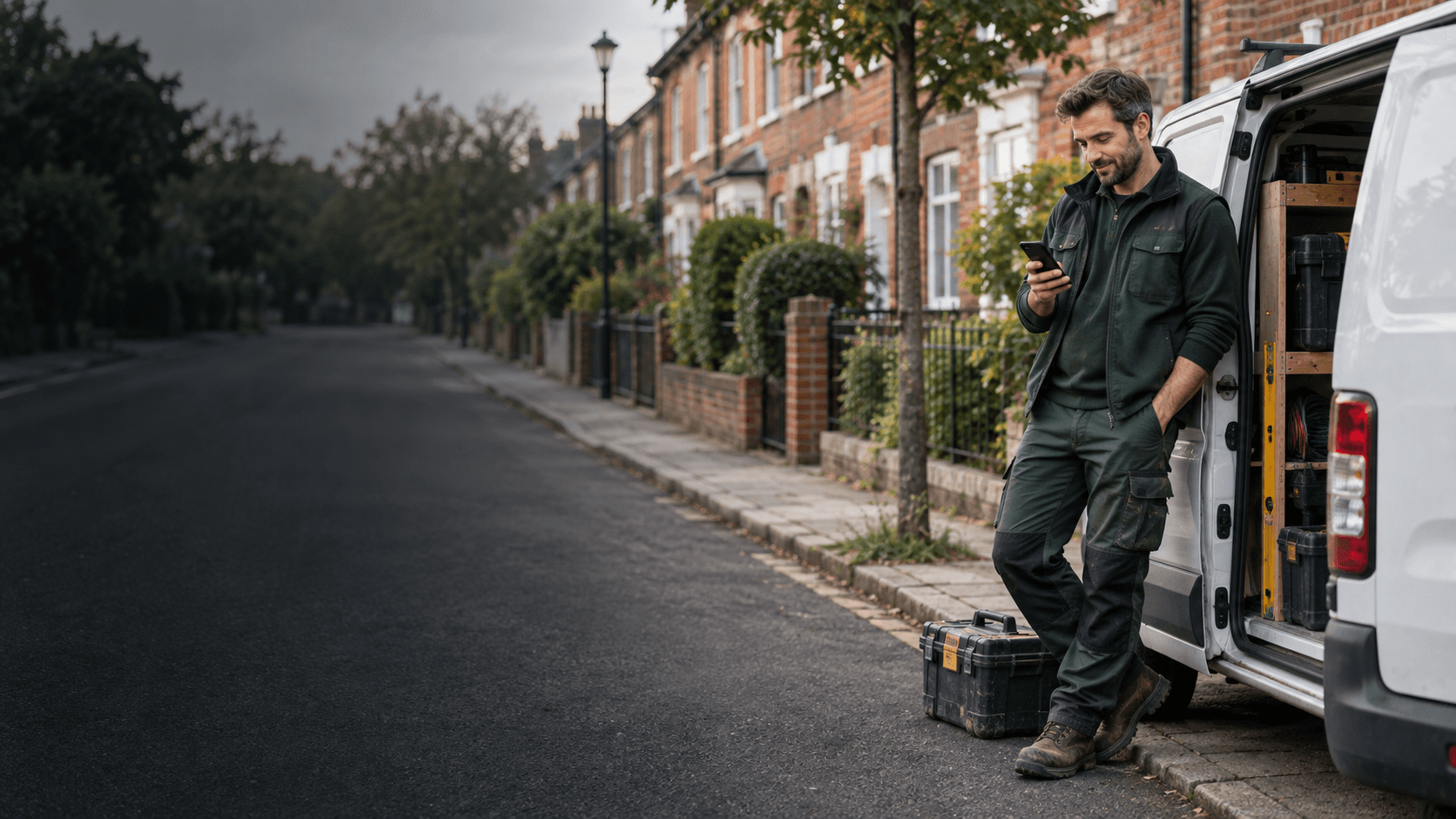 A UK tradesperson checking scheduled work beside a work van