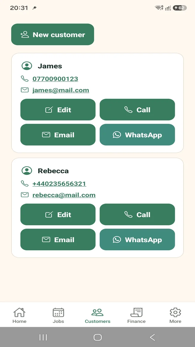 TradesMate customer records with call, email, edit and WhatsApp actions