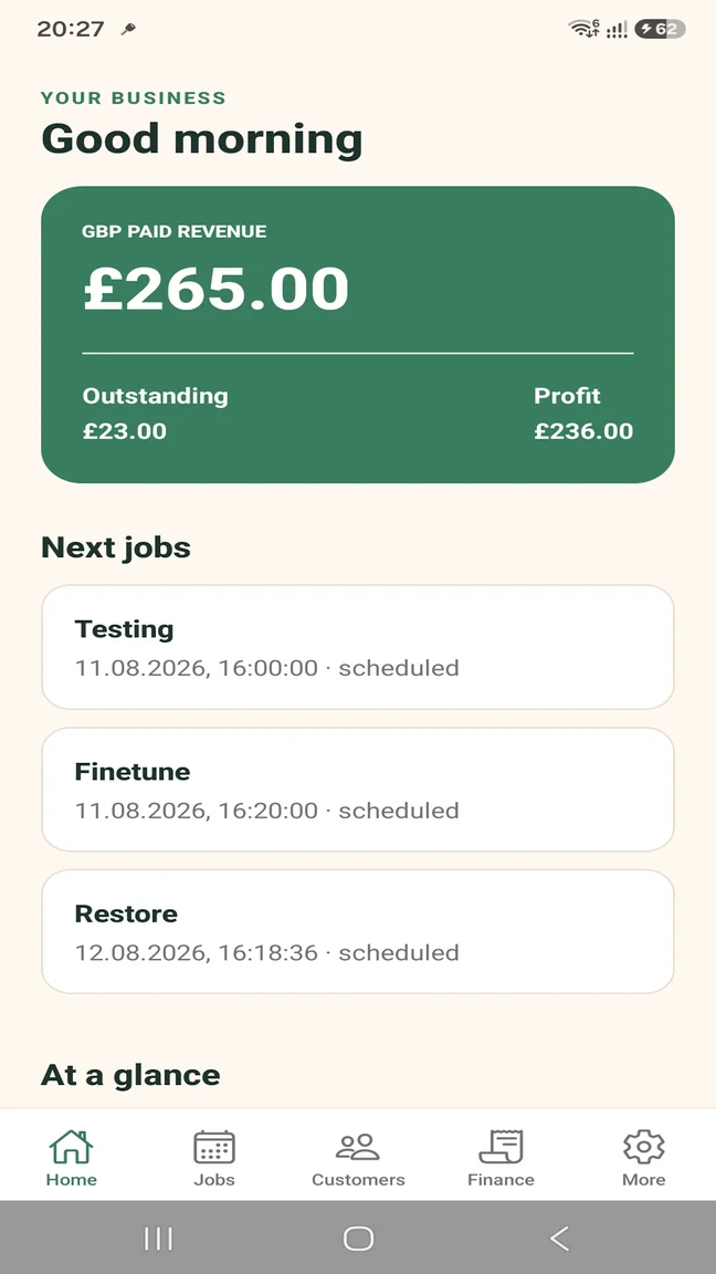 TradesMate dashboard showing paid revenue, outstanding invoices, profit and upcoming jobs