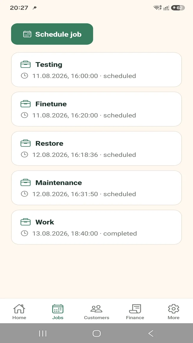 TradesMate job schedule with upcoming customer work and job statuses