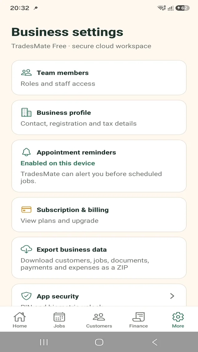 TradesMate business settings with team members, reminders, billing, export and app security